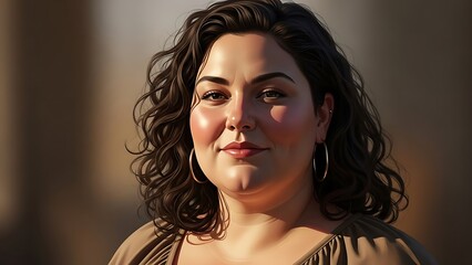 Young Woman with Curly Hair Wearing Earrings Smiling Confidently Outdoors in Warm Lighting