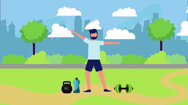Man with raised arms exercises in a park with weights set against a city backdrop. Flat graphic animated cartoon