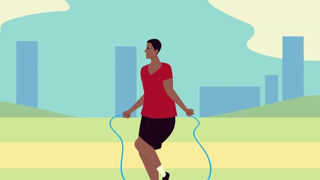 Man in red shirt jumps rope in a park setting with buildings. Flat graphic animated cartoon