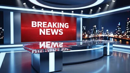 Dynamic breaking news studio backdrop with vibrant cityscape, perfect for broadcast, media, and urgent announcements that demand attention