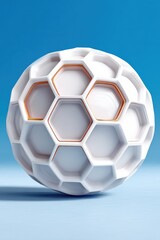 Fototapeta premium White hexagonal soccer ball sculpture with orange edges on a blue background, modern design