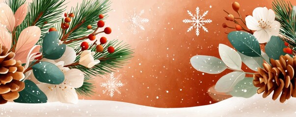 Festive winter botanical frame with pine cones, berries, and snow on warm orange background
