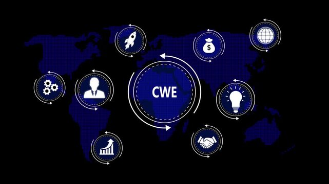 Global business network with CWE acronym and interconnected icons on a digital world map background