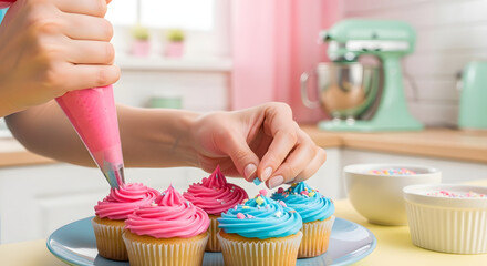 Decorating cupcakes with pink and blue frosting and sprinkles in a kitchen setting.