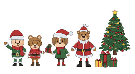 Festive Gathering: Adorable animals, each adorned in holiday attire, stand beside a decorated evergreen tree and presents, representing joy, and a sense of unity in festive season.