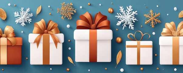 Beautiful holiday gift boxes with ribbons and festive decorations for Christmas marketing