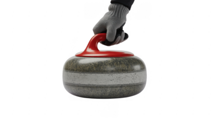 Hand wearing grey glove holding red handle of curling stone isolated on a transparent background