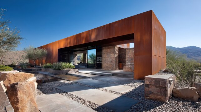 Open-concept desert home with corten steel and stone terrace lit by high-contrast sunlight from above sharp angular shadows