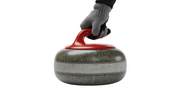 Hand wearing grey glove holding red handle of curling stone isolated on a transparent background