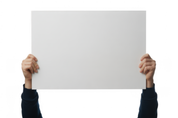 Hands holding blank white rectangular paper sign against black background isolated on a transparent background