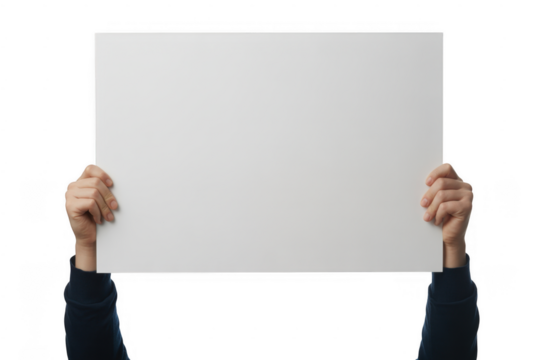 Hands holding blank white rectangular paper sign against black background isolated on a transparent background