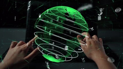 A hands-on interaction with a digital globe showcasing eco-friendly icons overlaid with tech elements, symbolizing innovation and sustainability in our modern world. Xenic - Powered by Adobe