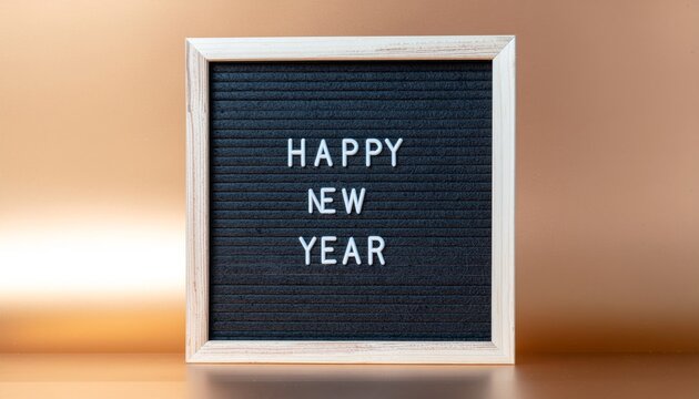 A cheerful 'Happy New Year' message prominently displayed on a classic felt letter board, set against a warm and inviting background, symbolizing fresh starts and optimistic celebrations