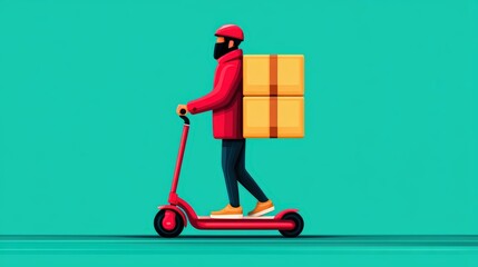 A colorful illustration of a delivery person riding a scooter, carrying packages, set against a vibrant background.