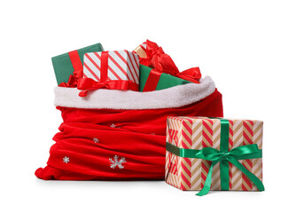 Santa Claus bag full of gifts isolated on white background