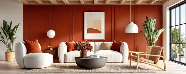Modern living room with red accent wall, white seating, plants, and warm cozy ambiance