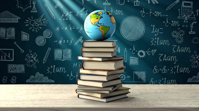 Stack of books with globe and chalkboard background. Ideal for International Day of Education, knowledge, or academic-themed visuals