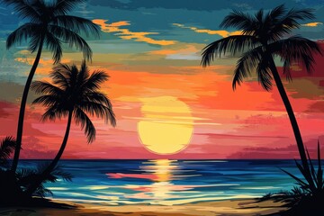A vibrant sunset over a calm ocean, with palm trees swaying gently in the breeze and a clear blue sky dotted with fluffy white clouds.
