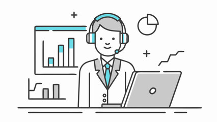 Illustration of a customer service representative with headset working at a desk with charts and a laptop