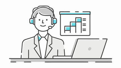 A customer service representative wearing a headset working on a laptop with a chart in the background