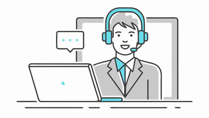 Illustration of a customer service representative with headset working on a laptop and a chat bubble icon