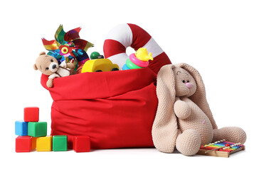 Santa Claus bag full of gifts and toys isolated on white background