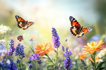 A vibrant garden filled with a variety of flowers and plants, with butterflies fluttering around and a serene atmosphere.