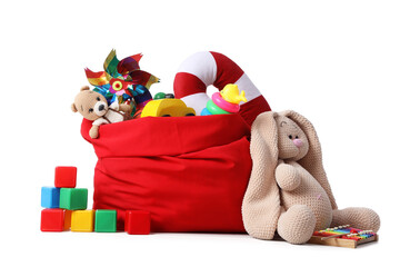 Santa Claus bag full of gifts and toys isolated on white background