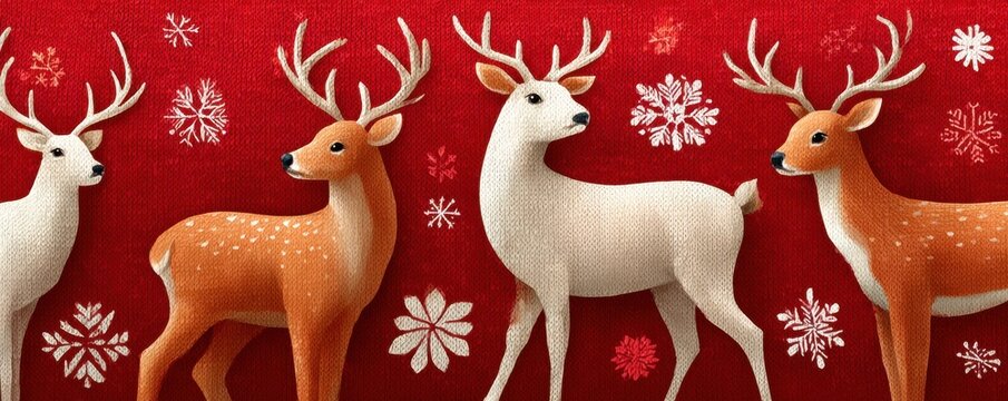 Festive reindeer pattern on red knitted background with snowflakes for Christmas decor