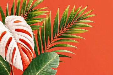 Tropical palm leaves against a bold orange background for vibrant nature decor and design inspiration