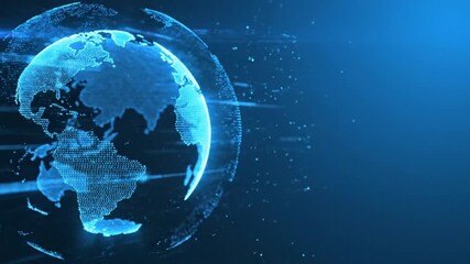 Dynamic digital globe spinning with streaming data trails, perfect for technology concepts or global business visualizations, with a modern blue aesthetic - Powered by Adobe