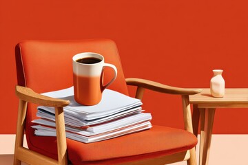 Cozy orange chair with coffee mug and stack of papers on a wooden side table