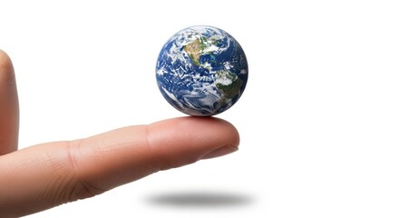 Human finger balancing small earth globe on white background