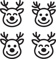 smiling face reindeer icon set line art silhouette vector illustration