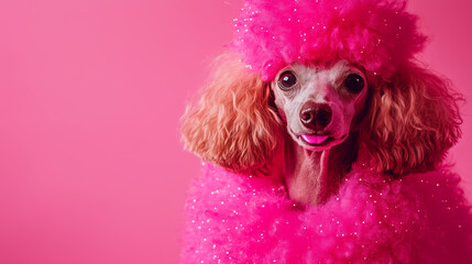 Stylish poodle in a fluffy pink boa on a bright monochrome pink background