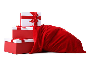 Full Santa Claus bag and gifts isolated on white background