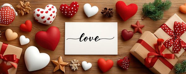 Love and gifts on a wooden table with hearts, cards, and wrapped presents for romance and celebration