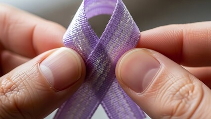 Hands holding a purple awareness ribbon for support and hope