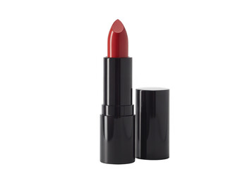 Obraz premium Red lipstick with black casing and white cap on a black background isolated on a transparent background