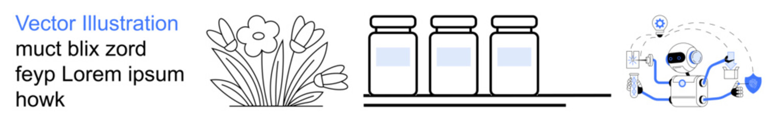 Nature, health, pharmaceutical goods, technology, AI, and healthcare. A daffodil plant, medicine jars and a robot healthcare services. Nature and health symbolism concept
