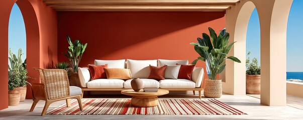 Obraz premium Cozy outdoor living room with arches, red wall, and sea view on a sunny terrace