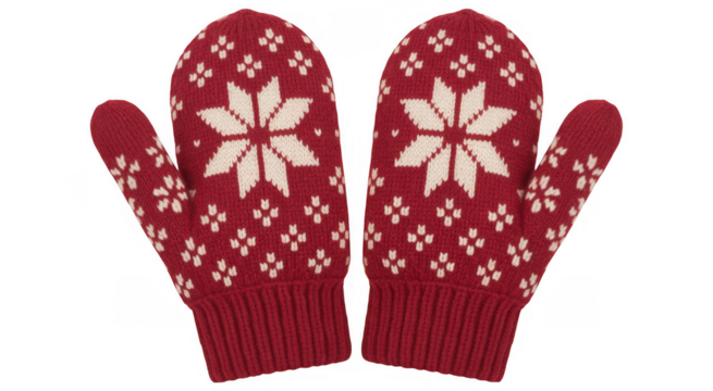 Red knitted mittens with white snowflake pattern and ribbed cuffs isolated on a transparent background