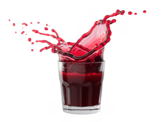 Red liquid splashing out of a clear glass with droplets in motion isolated on a transparent background 1