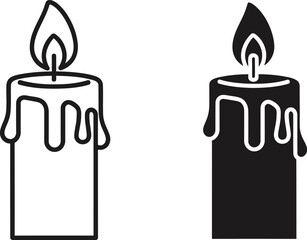 Two blackline candle icons with flame line and filled styles on — Outline, silhouette, and on transparent background. EPS 10.