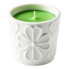 Decorative white candle with green wax and floral design for home ambiance and relaxation