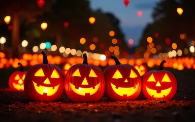 Glowing pumpkin festival celebration autumn park halloween event outdoor nighttime community spirit. High quality