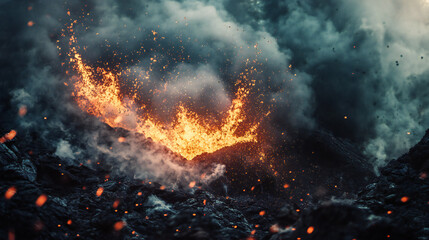 Explosive volcanic eruption with glowing lava and dark ash clouds creating a dramatic natural