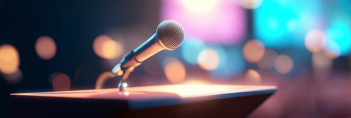Modern Podium Microphone with Vibrant Bokeh Lights