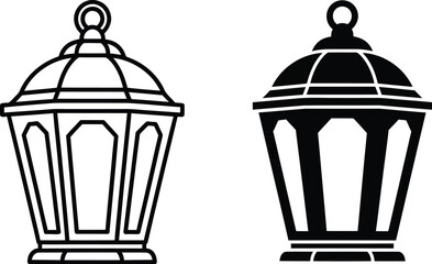 Two vintage lantern illustrations a detailed black and white design on &mdash; Outline, silhouette, and on transparent background. EPS 10.