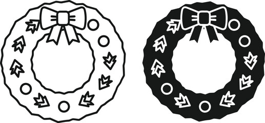 Two wreath designs with a bow detailed s on — Outline, silhouette, and on transparent background. EPS 10.
